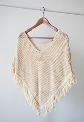 Cream Fringe Knit Poncho Wrap