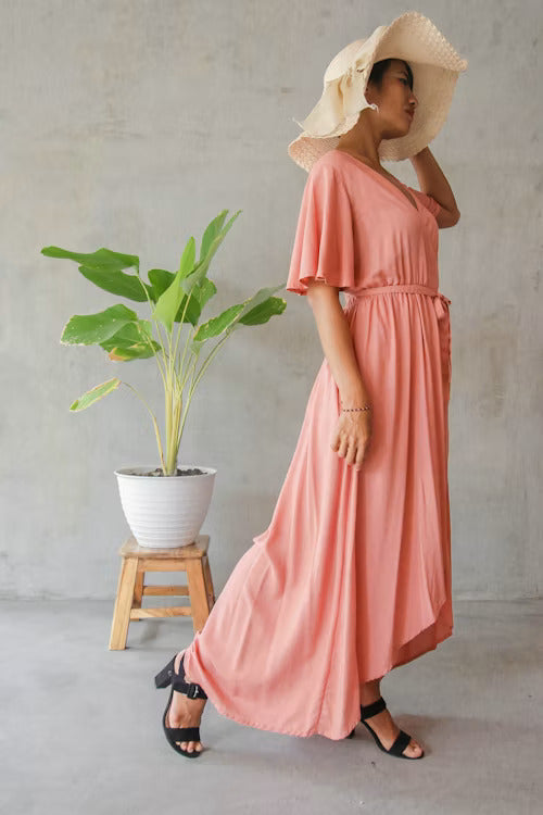 Coral Flowy Short-Sleeve Maxi Dress
